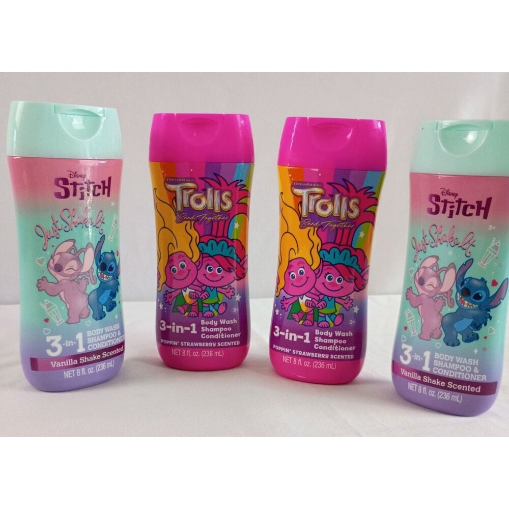 Disney Stitch & Trolls 4pc Bath Set Body Wash Shampoo 8oz Each New Sealed